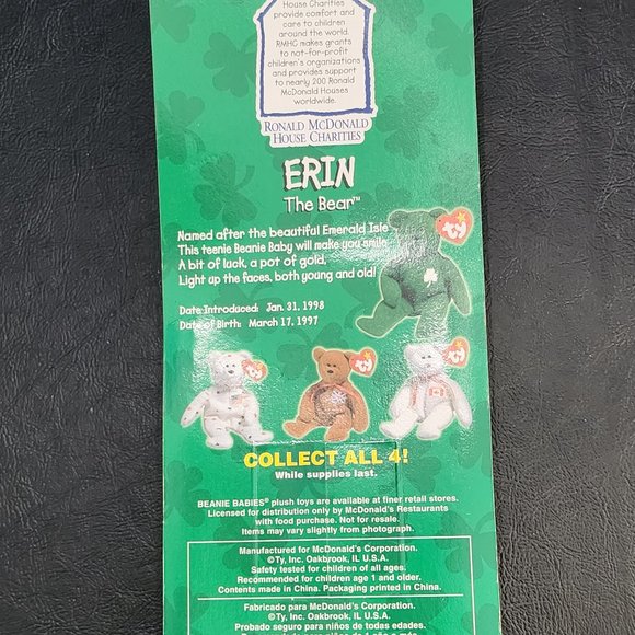 Ty Beanie Babies Complete Set (4) with Rare Tag Error 1999 McDonald's Erin Brita - Picture 3 of 10